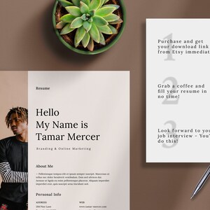 May include: A resume template with a photo of a person with a red and black plaid shirt. The text on the resume says "Hello My Name is Tamar Mercer Branding & Online Marketing". The text also says "About Me" and "Personal Info".