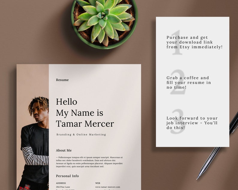 May include: A resume template with a photo of a person with a red and black plaid shirt. The text on the resume says "Hello My Name is Tamar Mercer Branding & Online Marketing". The text also says "About Me" and "Personal Info".