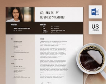 Professional Cover Letter Template with Photo | 1 Page US Letter Size for Word | Application Cover Page | Motivational Letter Template