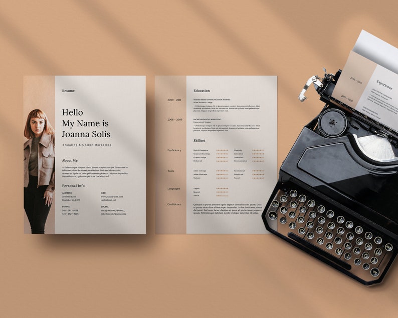 Puede incluir: Un curr&iacute;culum con el encabezado "Hello My Name is Joanna Solis" y el subt&iacute;tulo "Branding & Online Marketing". El curr&iacute;culum incluye secciones para "About Me", "Personal Info", "Education", "Skills", "Tools", "Languages", "Experience", y "Certifications".