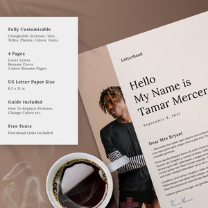 May include: A customizable resume template with a black and white photo of a person with dreadlocks. The template is 8.5 x 11 inches and includes a cover letter, resume cover, and two additional resume pages. The template is fully customizable with changeable sections, text, titles, photos, colors, and fonts. Free fonts and download links are included.