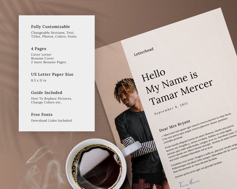 May include: A customizable resume template with a black and white photo of a person with dreadlocks. The template is 8.5 x 11 inches and includes a cover letter, resume cover, and two additional resume pages. The template is fully customizable with changeable sections, text, titles, photos, colors, and fonts. Free fonts and download links are included.