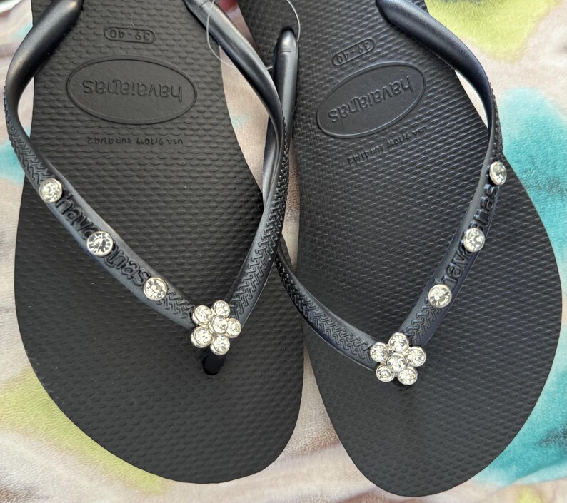 Original HAVAIANAS Flip Flops Women Slim with Flower + Crystals and Personalized Charm image 3