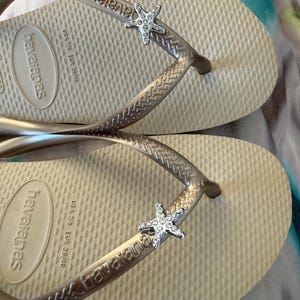 K&ouml;nnte beinhalten: Ein Paar beige Havaianas-Flip-Flops mit silbernen Riemen und einem Strass-Seestern-Besatz. Die Flip-Flops sind in der Gr&ouml;&szlig;e EUR 39.