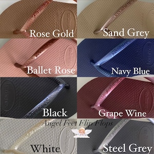 May include: A collage of eight pairs of flip-flops in different colors, including rose gold, sand grey, ballet rose, navy blue, black, grape wine, white, and steel grey. The flip-flops are all the same style and have the word "havaianas" printed on the strap.
