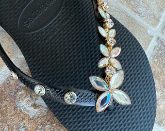 Original HAVAIANAS Flip Flops Women Slim with Crystal Flower Charm + 3 Crystals