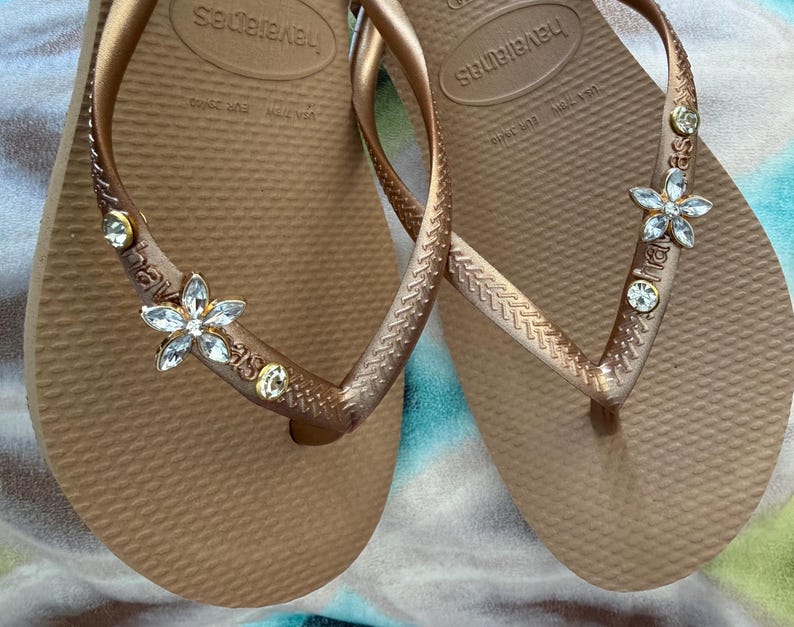 Original HAVAIANAS Flip Flops Women Slim with Flower or Dragon-fly more 2 Crystals and Personalized Charm image 8