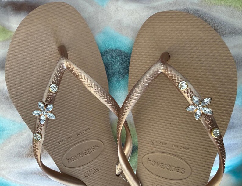 Original HAVAIANAS Flip Flops Women Slim with Flower or Dragon-fly more 2 Crystals and Personalized Charm image 10