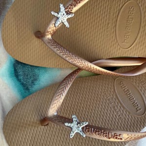K&ouml;nnte beinhalten: Ein Paar braune Havaianas-Flip-Flops mit einem dekorativen silbernen Seestern-Charm an jedem Riemen. Die Flip-Flops haben ein strukturiertes Fu&szlig;bett und der Markenname ist auf der Sohle sichtbar.