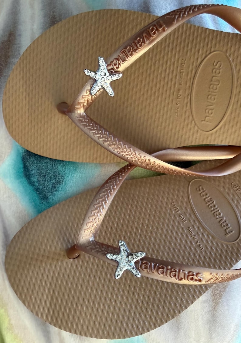 K&ouml;nnte beinhalten: Ein Paar braune Havaianas-Flip-Flops mit einem dekorativen silbernen Seestern-Charm an jedem Riemen. Die Flip-Flops haben ein strukturiertes Fu&szlig;bett und der Markenname ist auf der Sohle sichtbar.