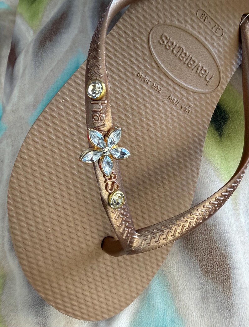 Original HAVAIANAS Flip Flops Women Slim with Flower or Dragon-fly more 2 Crystals and Personalized Charm image 9