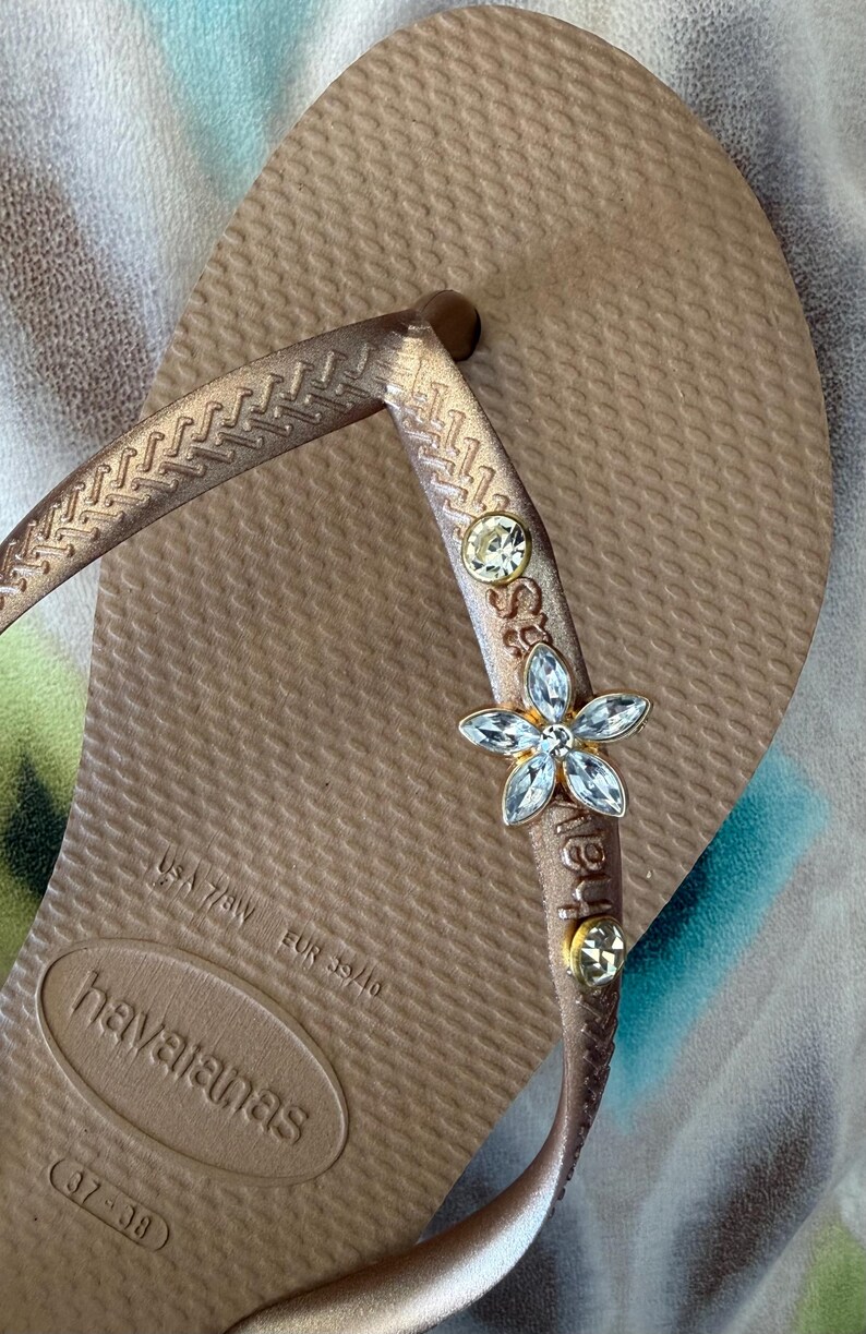 Original HAVAIANAS Flip Flops Women Slim with Flower or Dragon-fly more 2 Crystals and Personalized Charm image 7
