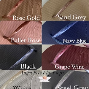 May include: A collage of eight pairs of Havaianas flip-flops in different colors, including Rose Gold, Ballet Rose, Sand Grey, Navy Blue, Black, Grape Wine, White, and Steel Grey.