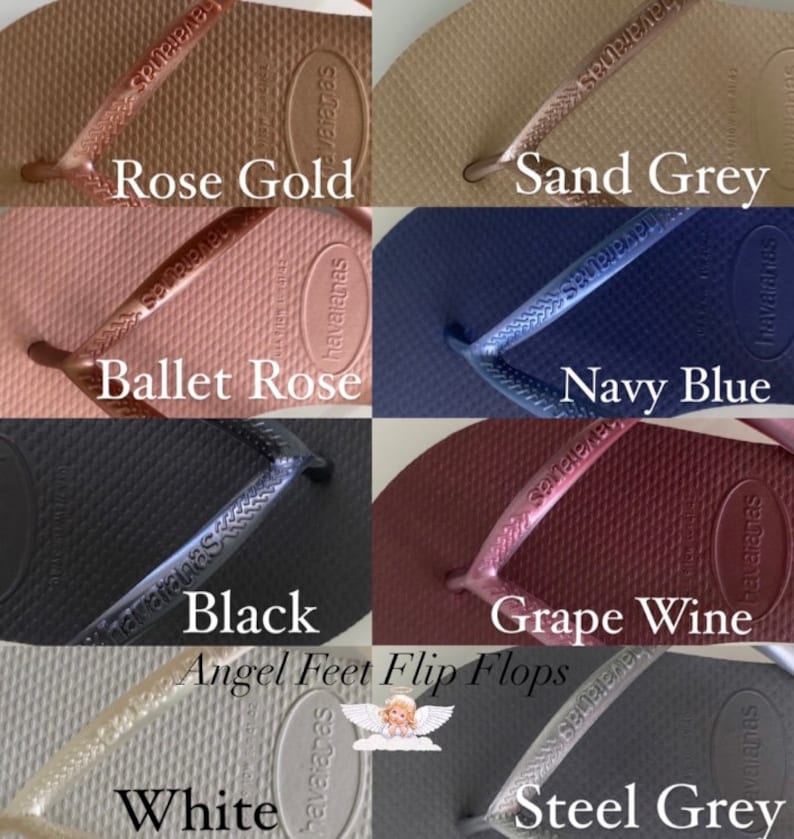May include: A collage of eight pairs of Havaianas flip-flops in different colors, including Rose Gold, Ballet Rose, Sand Grey, Navy Blue, Black, Grape Wine, White, and Steel Grey.