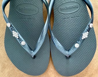 Original HAVAIANAS Flip Flops Women Slim with Silver Diamond and Personalized Charm