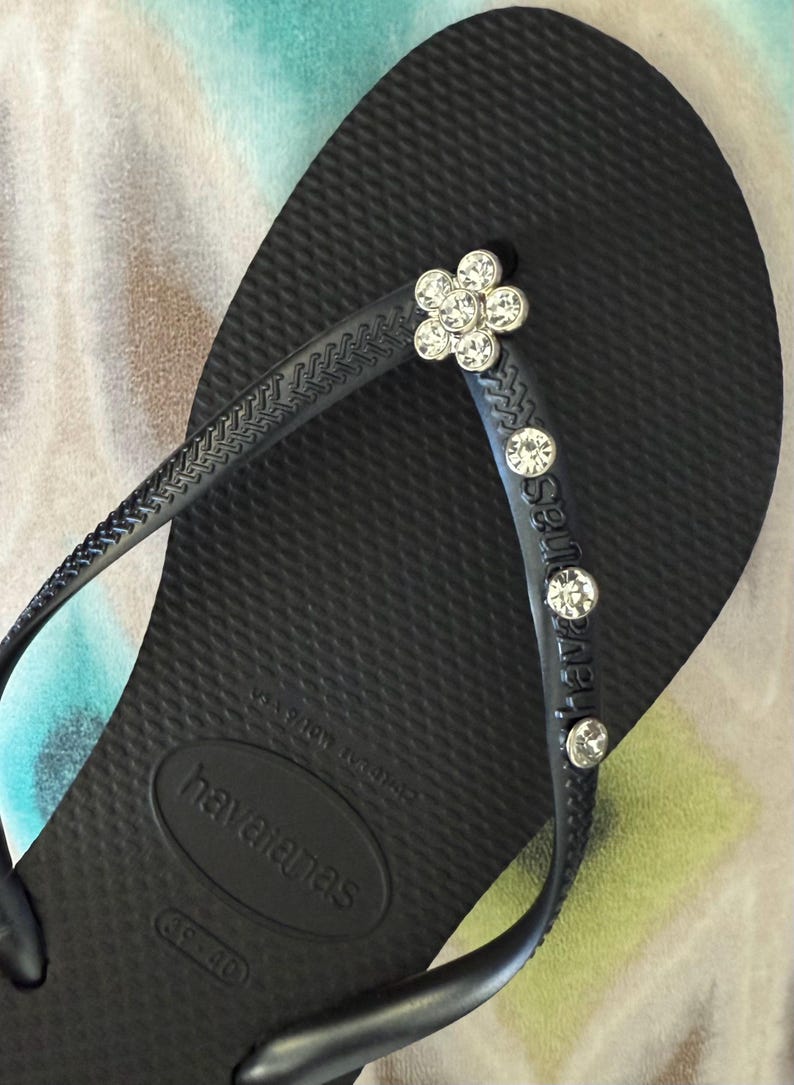 Original HAVAIANAS Flip Flops Women Slim with Flower + Crystals and Personalized Charm image 2