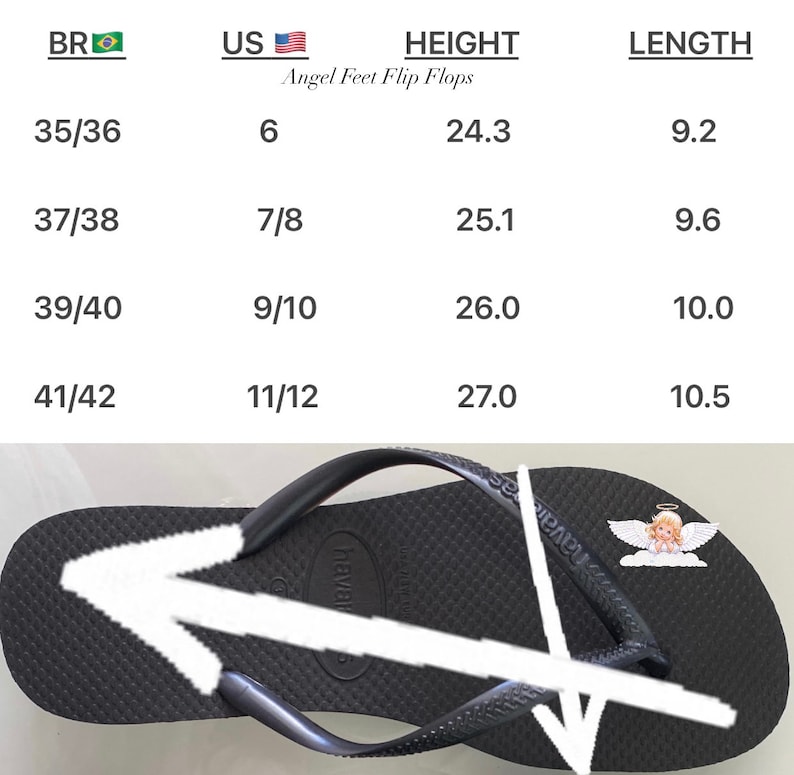 May include: Black flip flops with an angel graphic and the text "Angel Feet Flip Flops". A size chart shows Brazilian, US, height, and length measurements in inches.