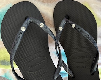 Original HAVAIANAS SLIM Flip Flops with 2 or 3 Crystals  and  Personalized Charm