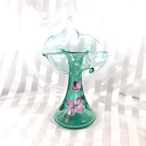 Signed Aqua Glass Hand Painted Fenton Vase # 26349