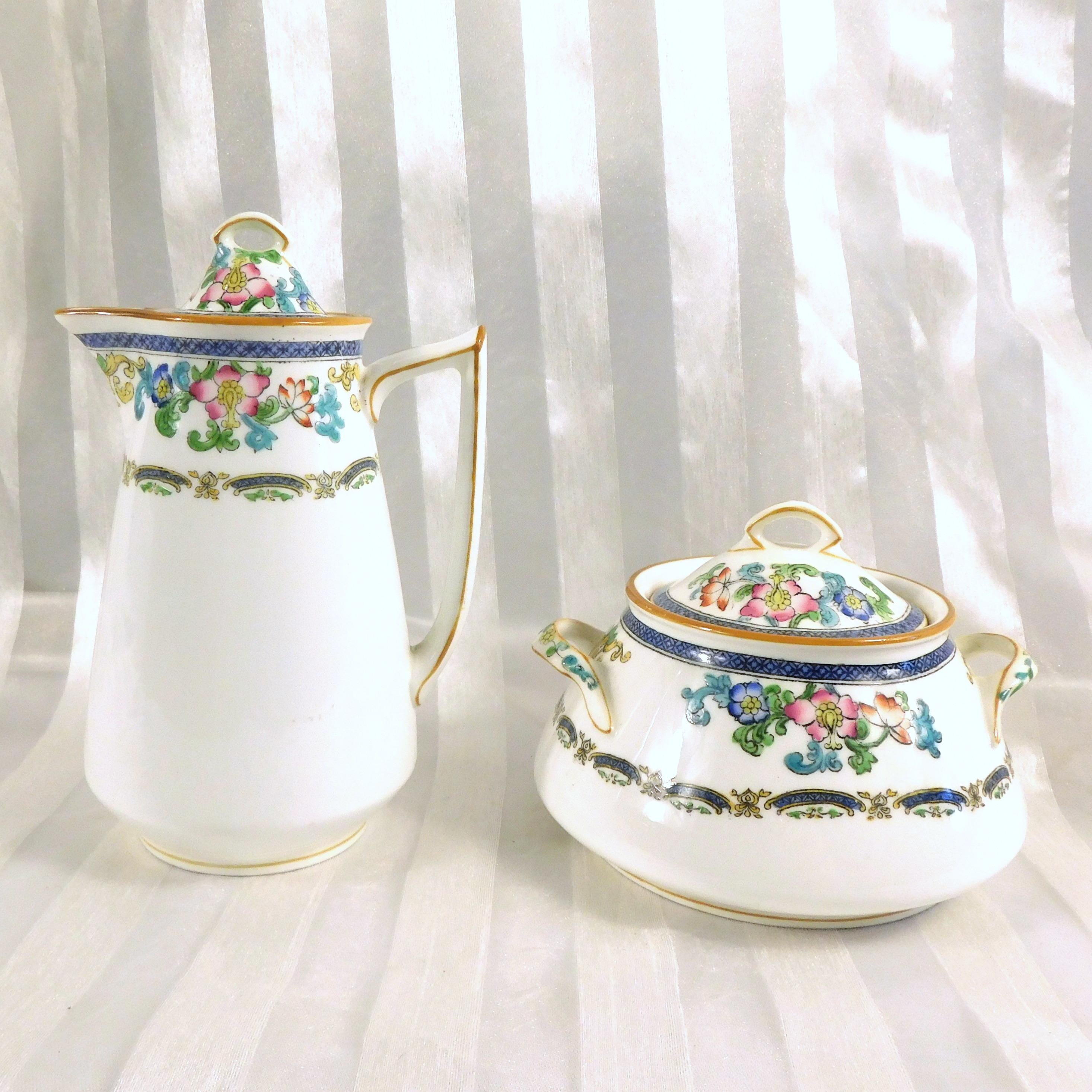 Minton Sugar Bowl and Creamer Set With Enamel Flowers and Blue