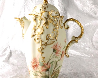 Impresionante chocolatera Leonard Austria con flores pintadas a mano y detalles dorados # 27323