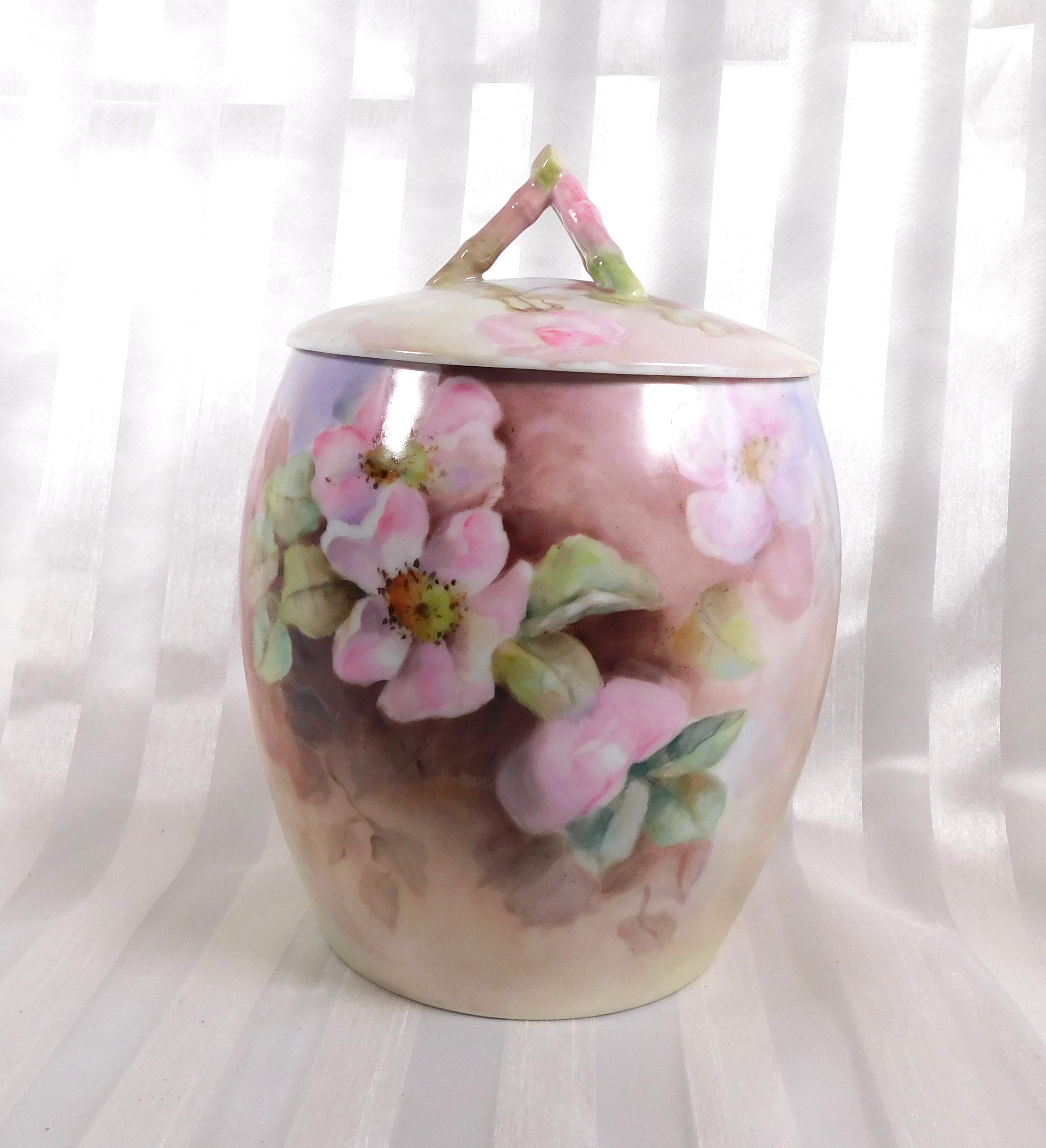 Signed Tressemanes & Vogt Limoges Floral Biscuit Jar # 25983
