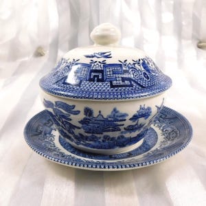 Op de afbeelding: Een blauw-witte keramische soepterrine met bijpassende schotel. De terrine heeft een deksel met een knop en is versierd met een gedetailleerd landschapspatroon. De schotel en de terrine staan op een wit oppervlak.