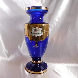 Large Egermann Blue Glass Vase With Gold and Dimensional Flowers