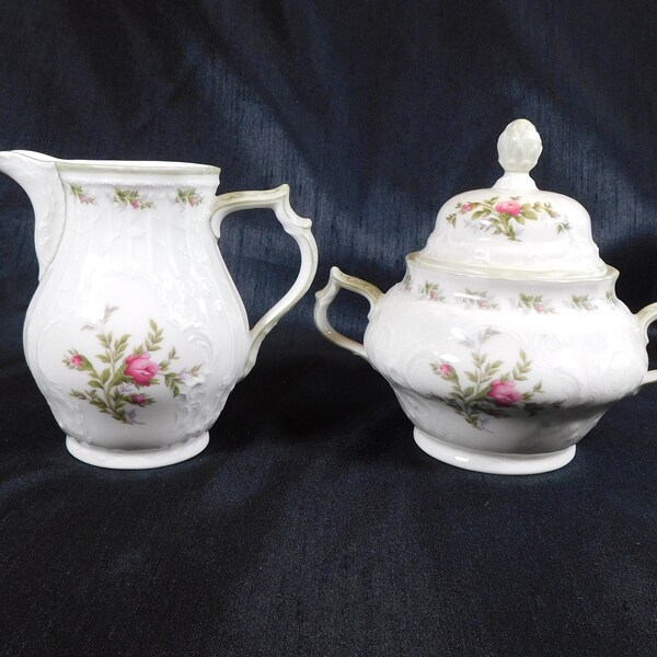 Rosenthal Sanssouci Rose Ivory Sugar Bowl and Creamer with Green Trim # 22143