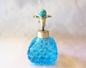 Small Blue Glass Pump Perfume Bottle with Blue Faux Pearl Top