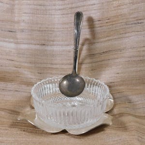 May include: A clear glass serving bowl with a silver spoon resting inside. The bowl sits on a silver, scalloped-edge plate. The spoon has a decorative handle. The bowl and plate are on a textured, neutral-toned surface.