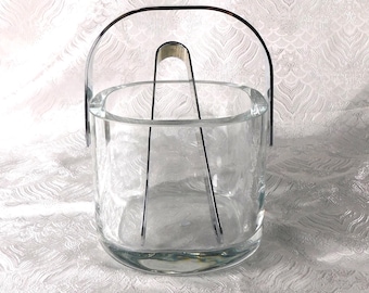Orrefors Rounded Square Crystal Ice Bucket with Metal Handle and Tongs # 27347