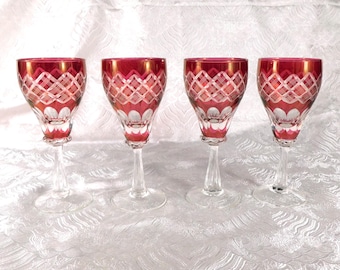Set of Four Unmarked Pink Cut to Clear Stemware Glasses # 27526