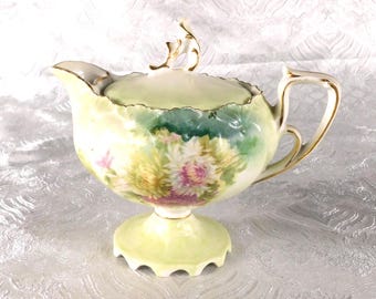 Footed Pale Green Floral Creamer with Lid # 27353