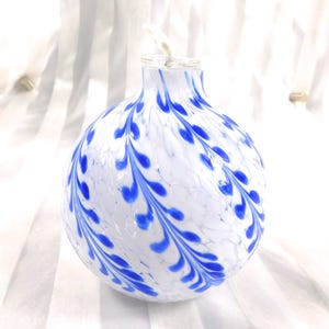 White Glass Oil Diffuser with Blue Pulled Feather Details # 27097