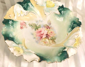 Unmarked Shaped Porcelain Large Bowl with Flower Details # 26712
