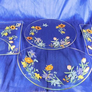 May include: A set of four clear glass plates featuring a colorful floral pattern with orange, yellow, purple, and green flowers. The collection includes two square plates and two round plates, all decorated with delicate botanical illustrations.