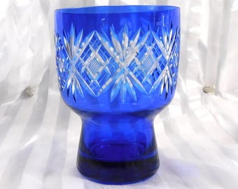 Large Egermann Blue Glass Vase With Gold and Dimensional Flowers