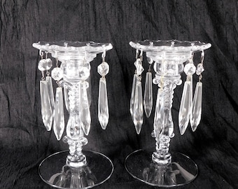 Pair of Glass Candlesticks Lusters with Removable Bobeche and Prisms # 27445