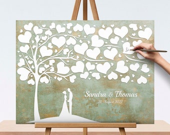 Wedding gift guestbook Wedding guestbook, canvas print with bridal couple wedding tree with 3D wood effect, no real wood