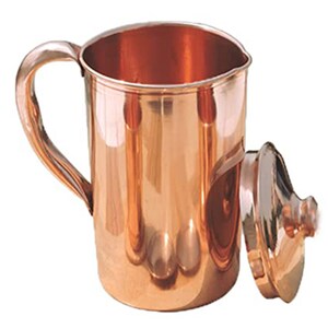 May include: A copper jug with a lid. The jug has a handle and a shiny, polished finish.