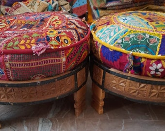 Indian Embroidered Patchwork Ottoman Pouf Handmade kantha Pouf Decoration Pouf Footstool Floor Pouf Ottoman Floor Pouf Gift Item- Cover Only