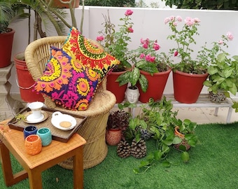 20X20 Indian Handmade Embroidered Colorful Floral Ruffle Throw Pillow Case, Ethic Embroidered Pillow cover Gift Item- Cover Only Set Of 5Pcs