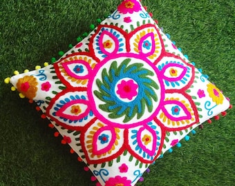 20X20 Indian Handmade Embroidered Colorful Floral Ruffle Throw Pillow Case, Ethic Embroidered Pillow cover Gift Item- Cover Only Set Of 4Pcs