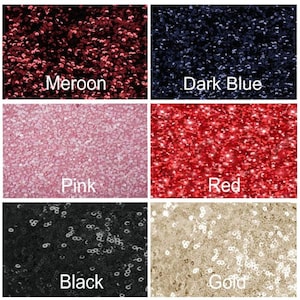 Puede incluir: Seis muestras de tela en diferentes colores: granate, azul oscuro, rosa, rojo, negro y dorado. Cada muestra está hecha de un material brillante.