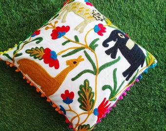 20X20 Indian Handmade Embroidered Colorful Floral Ruffle Throw Pillow Case, Ethic Embroidered Pillow cover Gift Item- Cover Only Set Of 5Pcs