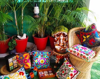 20X20 Indian Embroidered Pillow Cover, Handmade Ethic Pillow Cover Case, Needle Embroidered Pillow cover Gift Item- Cover Only Set Of 6 Pcs