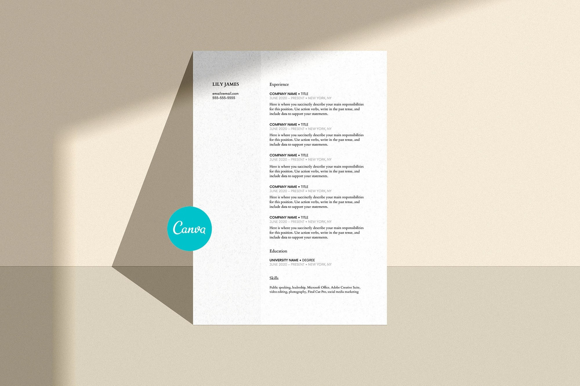 Canva Professional Resume Template Pack, Modern Simple CV Downloadable