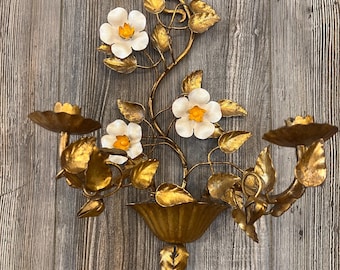 Italian Tole Metal Wall Sconce Twin Candle Holder, Gold Leaf