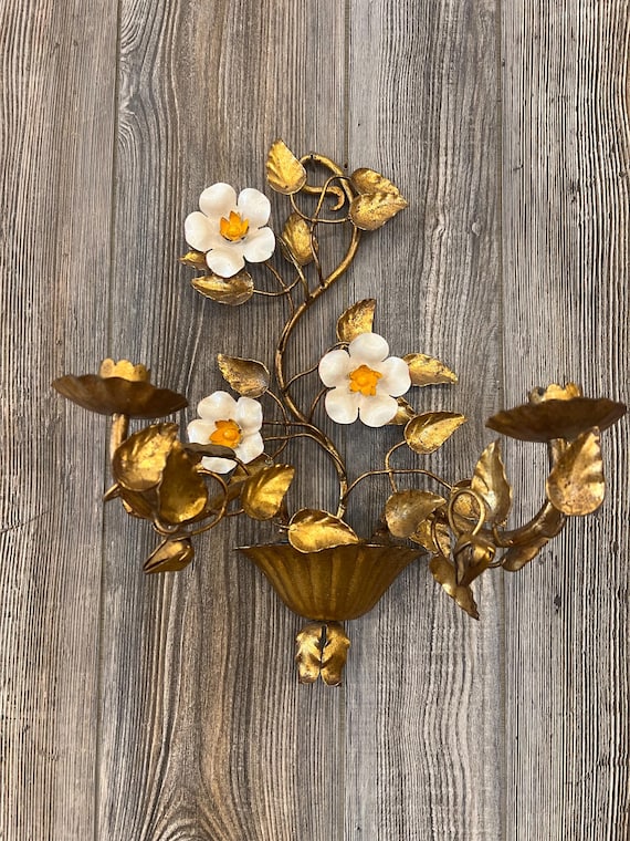 Italian Tole Metal Wall Sconce Twin Candle Holder, Gold Leaf
